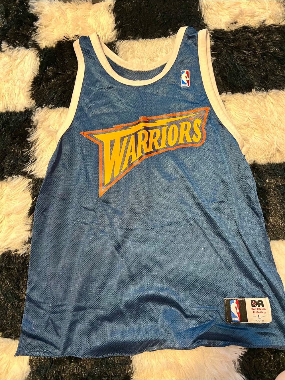 VINTAGE NBA Warriors Blue Mesh Tank with Yellow Logo, Youth Large
